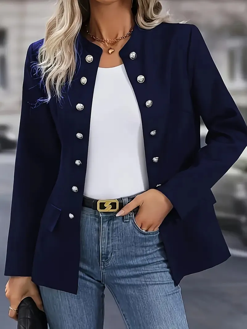 Winter Fashion Solid Colour Stand Collar Double Breasted Cardigan Jacket - Blue