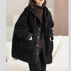 Lamb Wool Fleece-lined Hooded Women's Short Jacket - Black - View 1