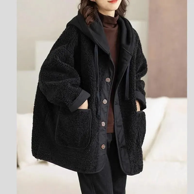 Lamb Wool Fleece-lined Hooded Women's Short Jacket - Black