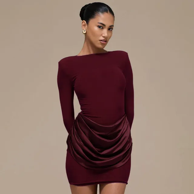 Casual Slim fit Crew neck Long sleeve Ruched Mini Dress Wine - Shop at LoveMi
