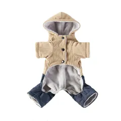 Corduroy Pet Four-legged Hooded Fleece Lined Coat - Yellow Feet With Denim - View 1