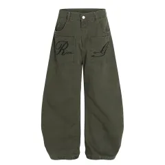 American Retro Embroidery Multi-pocket Cargo Pants - Green - View 1