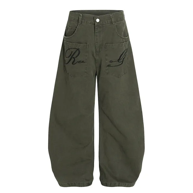 American Retro Embroidery Multi pocket Cargo Pants Green - Shop at LoveMi