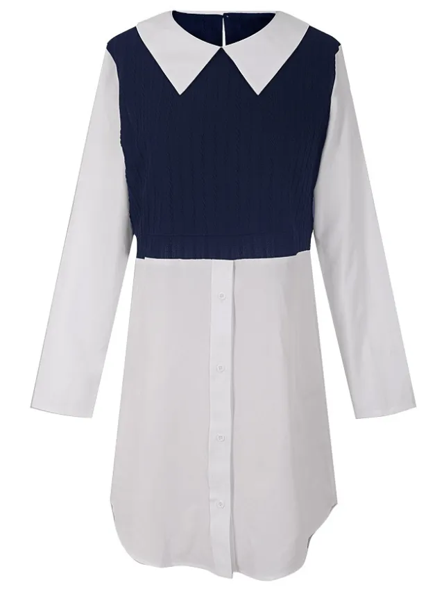 New Long Sleeve V neck Button Stitching Shirt For Women White And Purplish Blue - Shop at LoveMi