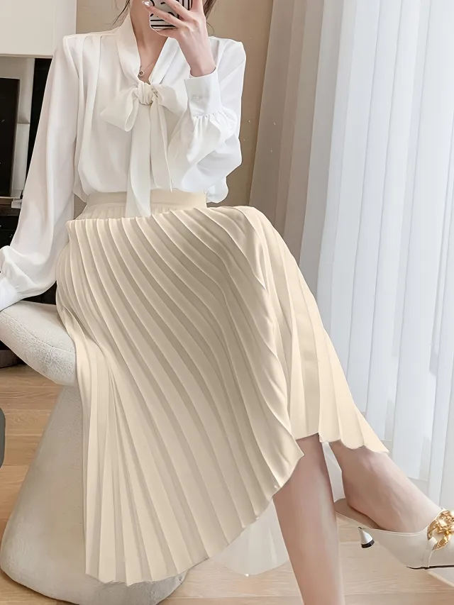 Fashion Women Solid Color Pleated Skirt Female Apricot - Shop at LoveMi