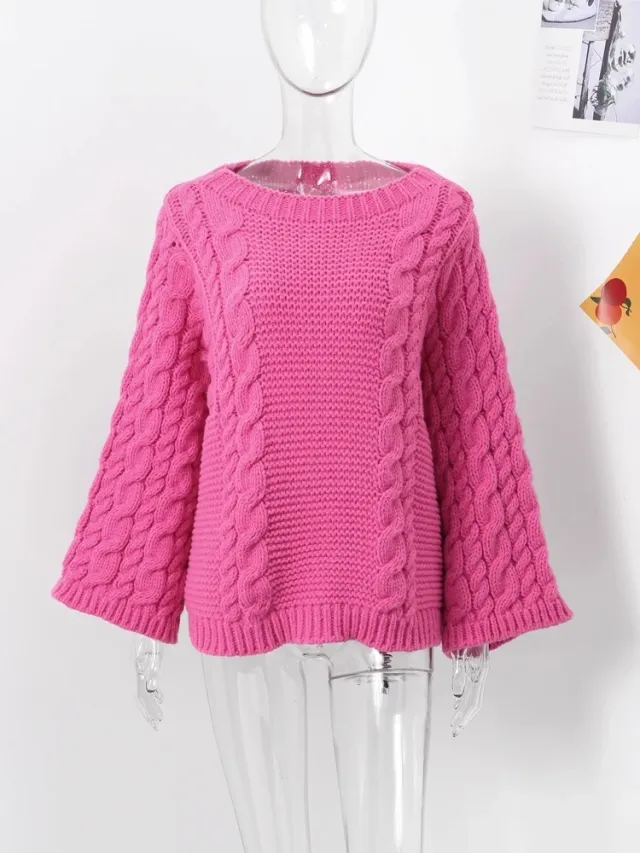 Round Neck Pullover Long Sleeve Knitted Sweater Pink - Shop at LoveMi