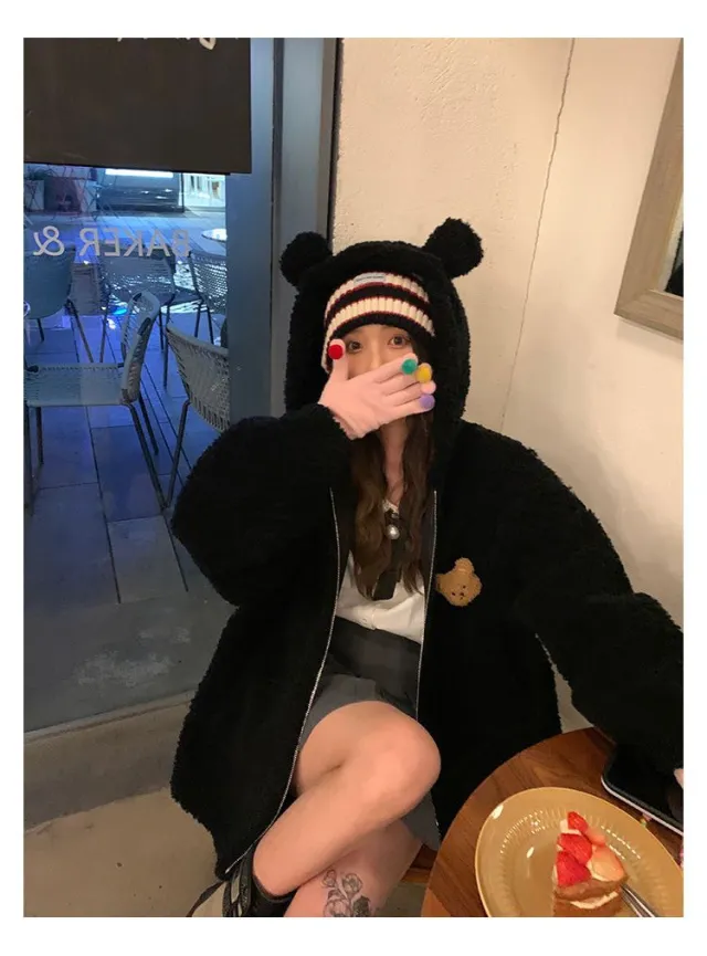 Lamb Wool Zipper Coat For Women Black - Shop at LoveMi