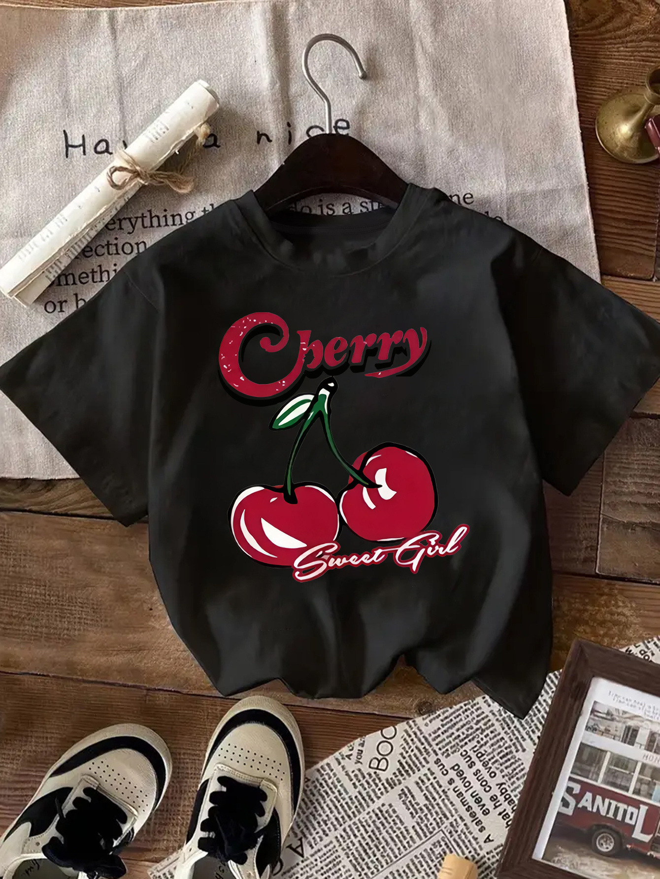 Women's Cherry And Letter Printed Casual T-shirt