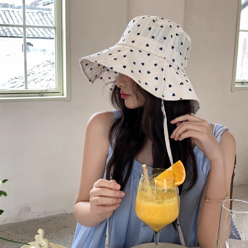 Japanese-style Sweet And Cute Heart-patterned Lace-up Bucket Hat