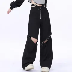 Women's Autumn Retro Multi-zipper Pocket Two-way Design Drawstring Casual Pants - Black - View 1