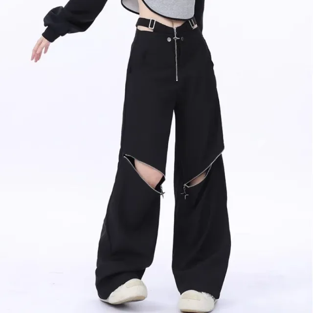 Women's Autumn Retro Multi zipper Pocket Two way Design Drawstring Casual Pants Black - Shop at LoveMi