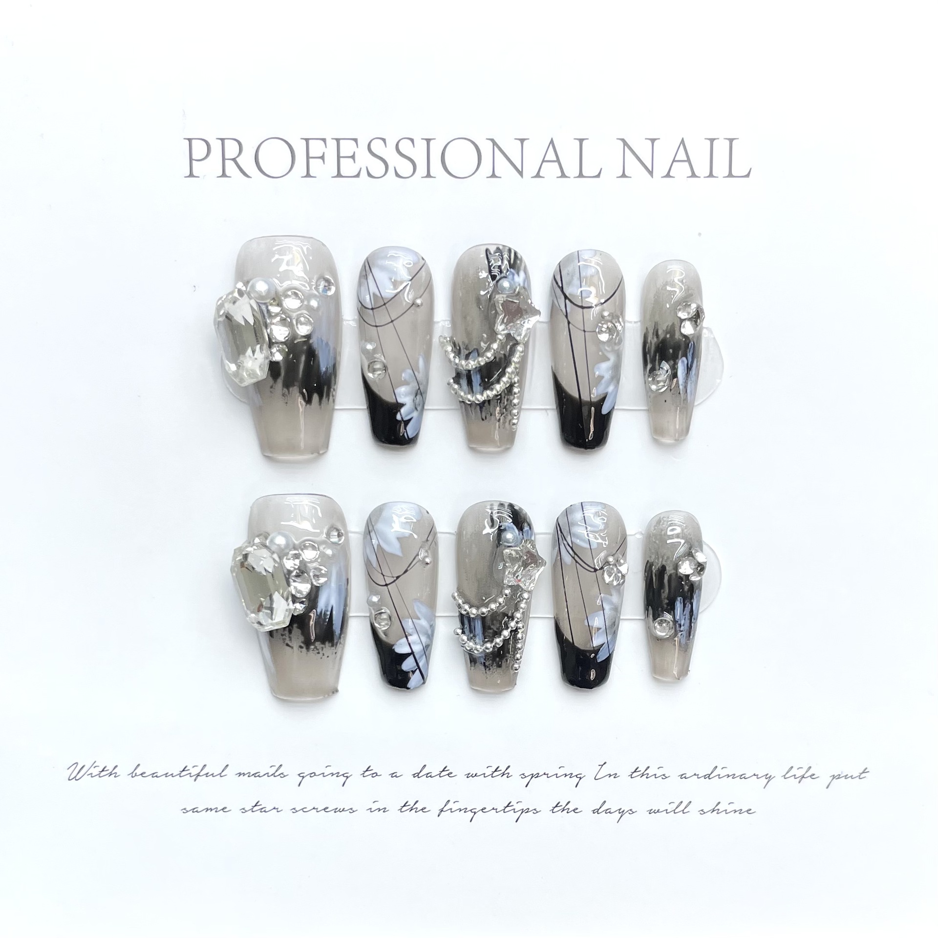 Mysterious Black-themed New Chinese-style Icy-cool Rhinestone Nail Tips For Wear