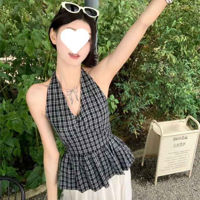 Retro Plaid V neck Lace up Halter Sleeveless Shirt Black Plaid - Shop at LoveMi