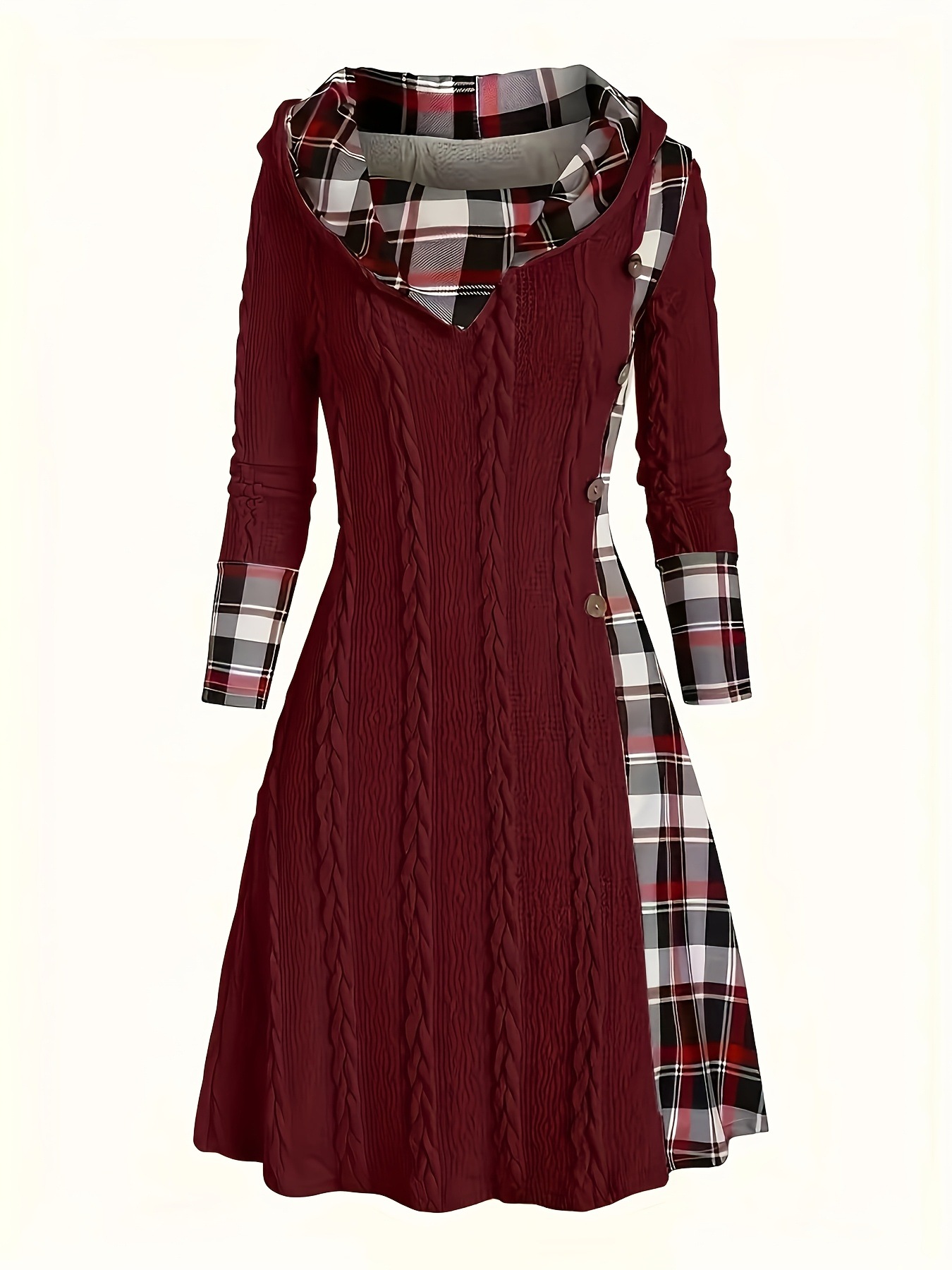 Women's Hooded Sunken Stripe Sweater Long Sleeve Leisure Pullover Dress Wine - Shop at LoveMi