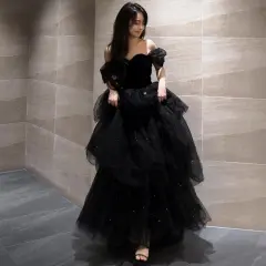 Black Evening Dress Light Luxury Minority French Style Pettiskirt - Black - View 1