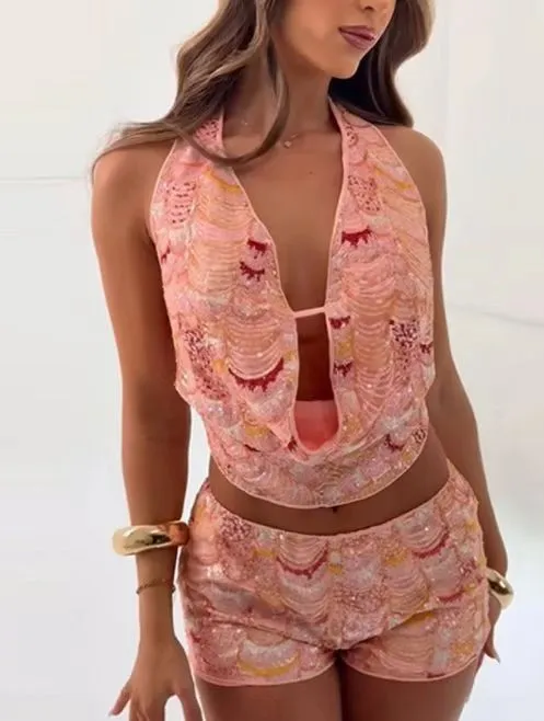 Casual Slim Fit Mermaid Sequined Backless Sexy Overall Dress Set Pink - Shop at LoveMi