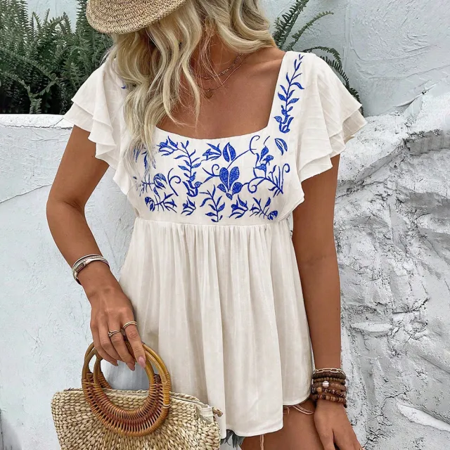 Women's Casual Lace trimmed Square neck Embroidered Shirt Apricot Background Blue - Shop at LoveMi