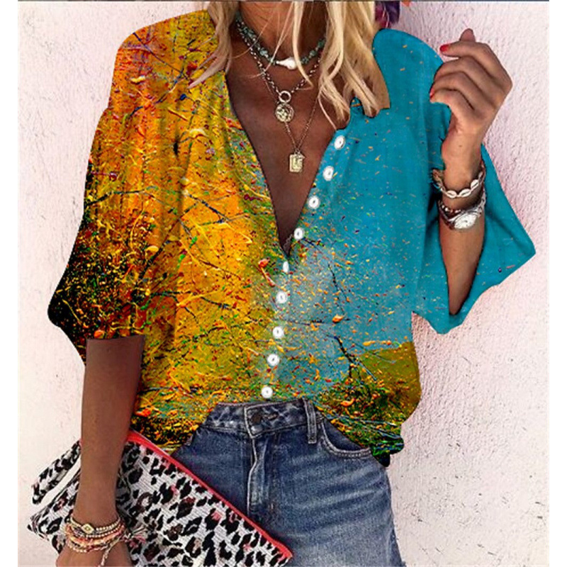 3D Floral-print Long-sleeve Top Fashionable V-neck Blouse For Women