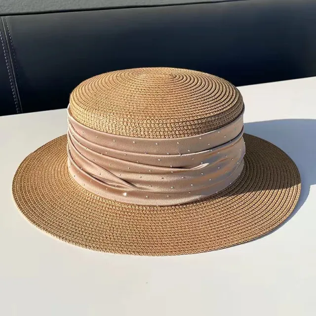 Spring And Summer Short Brim Satin Rhinestone Straw Flat Top Hat Women Khaki - Shop at LoveMi