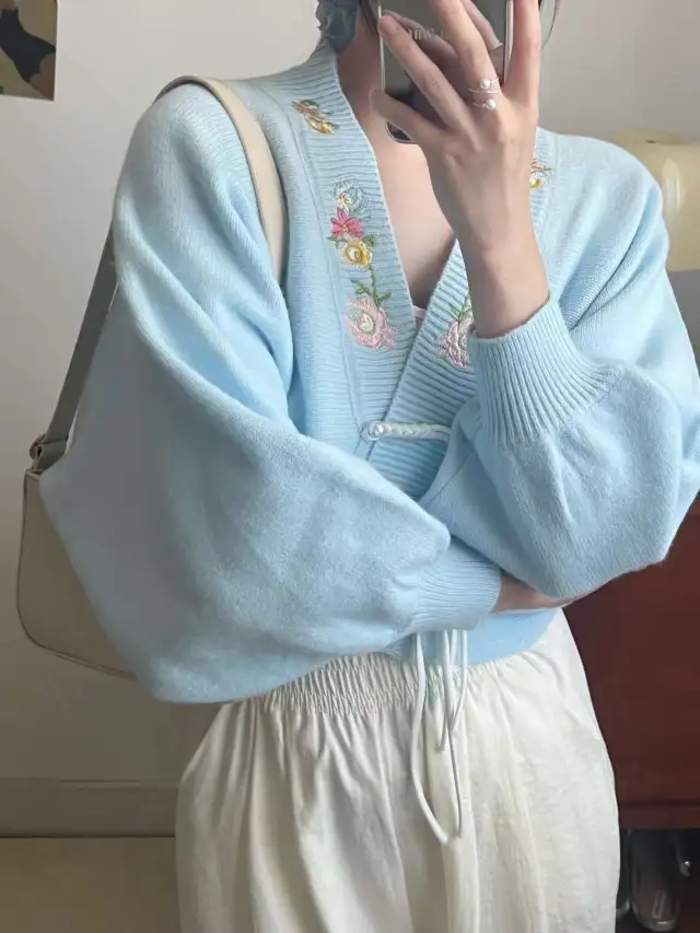 Fall Winter Coat Short Slimming V neck Vintage Sweater Cardigan For Women Light Blue - Shop at LoveMi