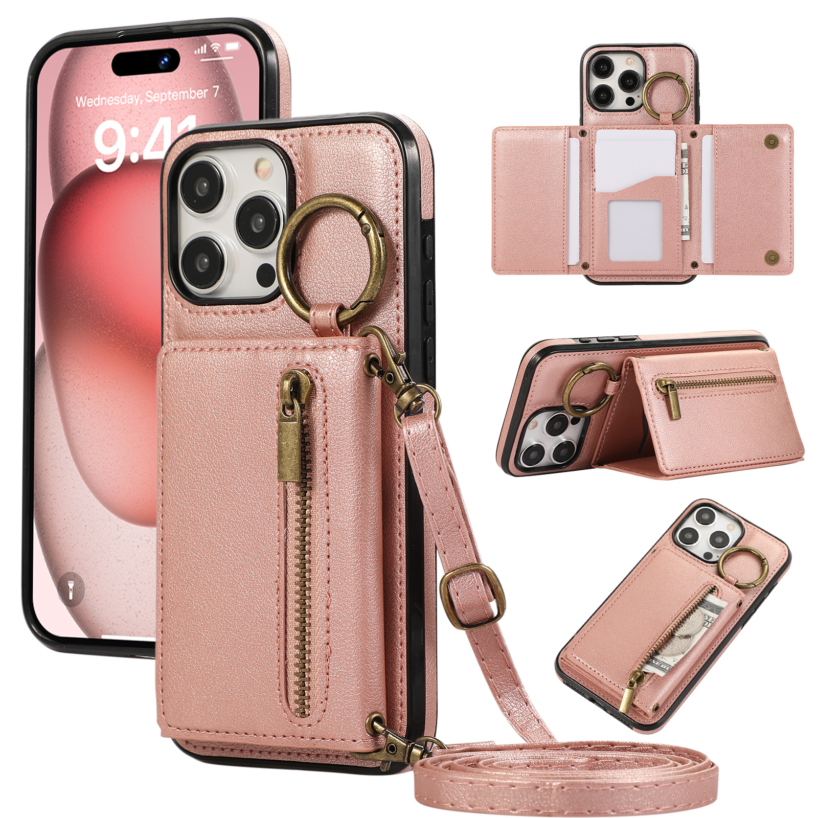 Suitable For IPhone16 Crossbody Mobile Phone Tri-fold Fastened Ring Zipper Card Holder