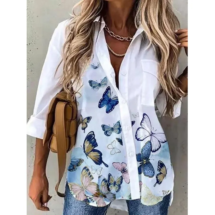Women's Digital Printing Long Sleeve Shirt Top - Butterfly Ii-Xl