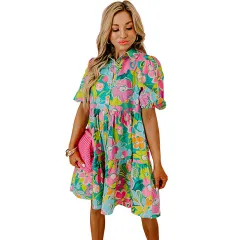 Summer Floral Print Puff Sleeve Dress - Green - View 1