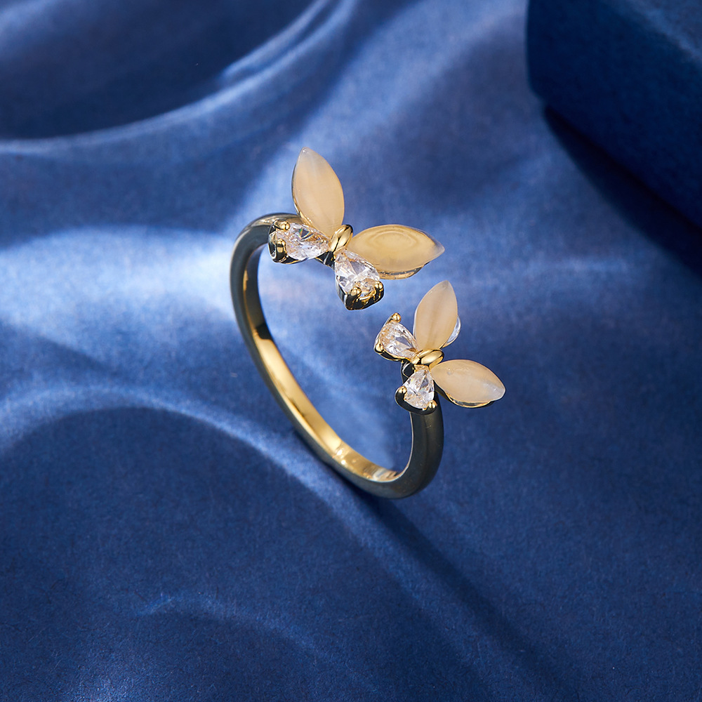 Simple And Versatile Cat-eye Stone Double-butterfly Open Ring
