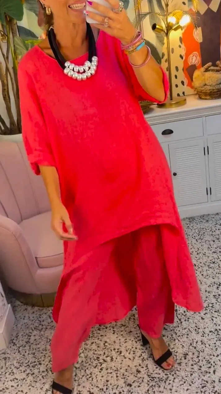 Solid Color Irregular Casual Cropped Long Sleeve Cotton And Linen Trousers Suit Women - Red