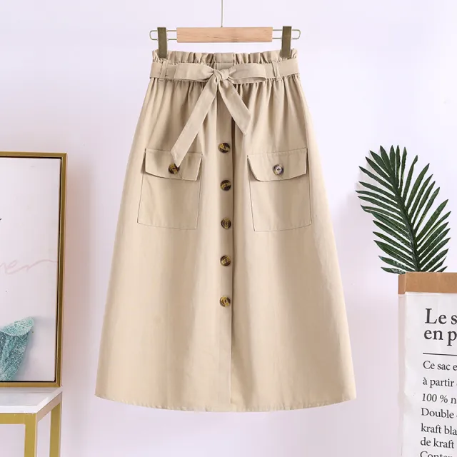Summer New Artistic Solid Color Buttons Mid length Skirt Mori Girl Elastic Waist Cotton And Linen A Line Skirt Apricot - Shop at LoveMi
