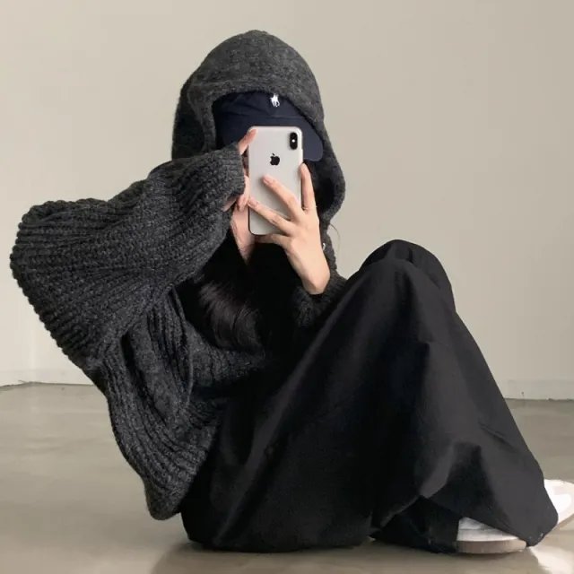 Women's Twist Hooded Long Sleeve Sweater Coat Loose Dark Gray - Shop at LoveMi