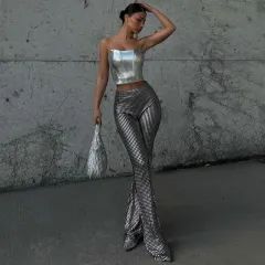 Women's High Waist Stretch Hot Silver Plaid Shiny Casual Bootleg Pants - Silver - View 1