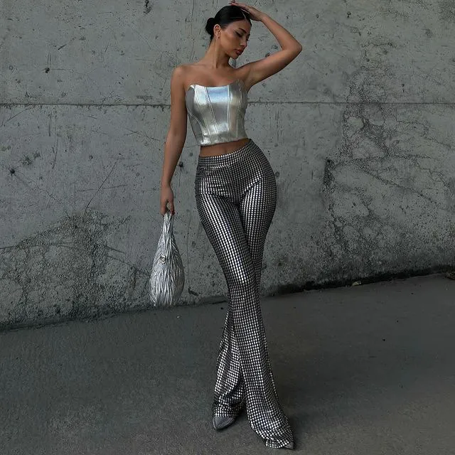 Women's High Waist Stretch Hot Silver Plaid Shiny Casual Bootleg Pants Silver - Shop at LoveMi