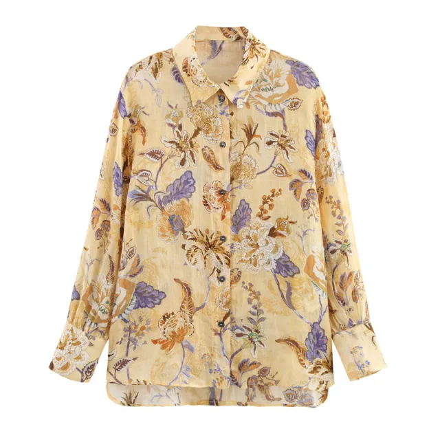 Linen Blended Ethnic Style Floral Print Long Sleeve Shirt - Shop at LoveMi