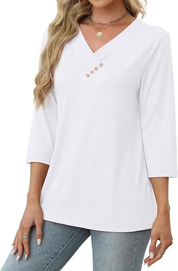 Autumn button v-neck women’s t-shirt in white cotton with pleated sleeves