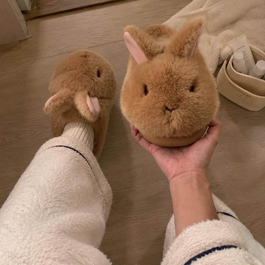 Cute Fluffy Bunny Warm Padded Cotton Slippers For Women
