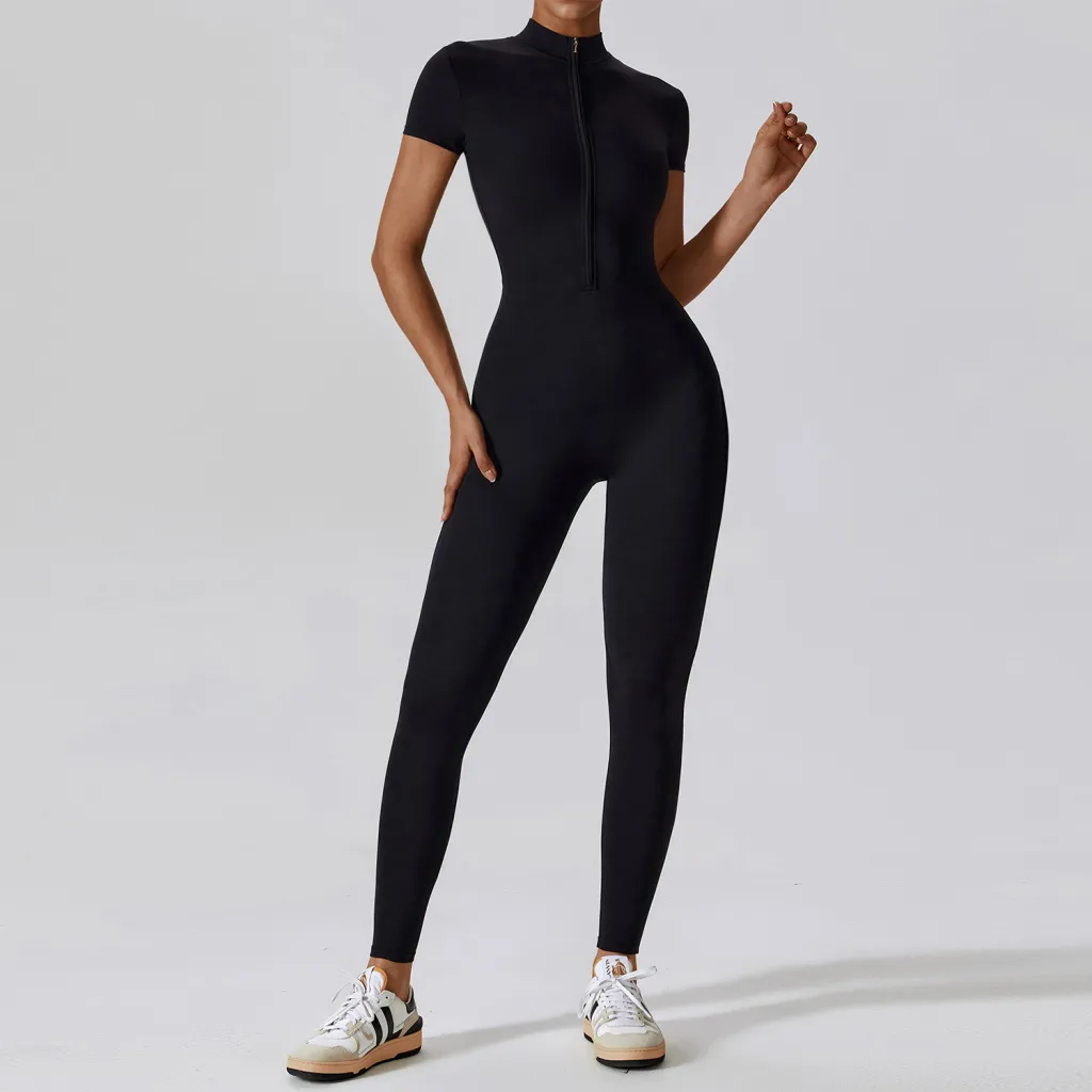 Zipper Short Sleeve Nude Feel Yoga Jumpsuit - Black