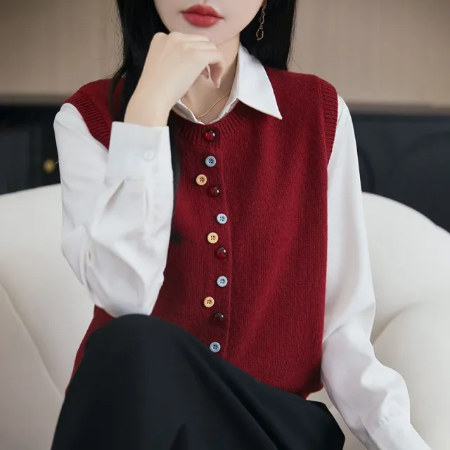 Women's Crew Neck Knitted Cardigan Vest With Colorful Buttons Red - Shop at LoveMi