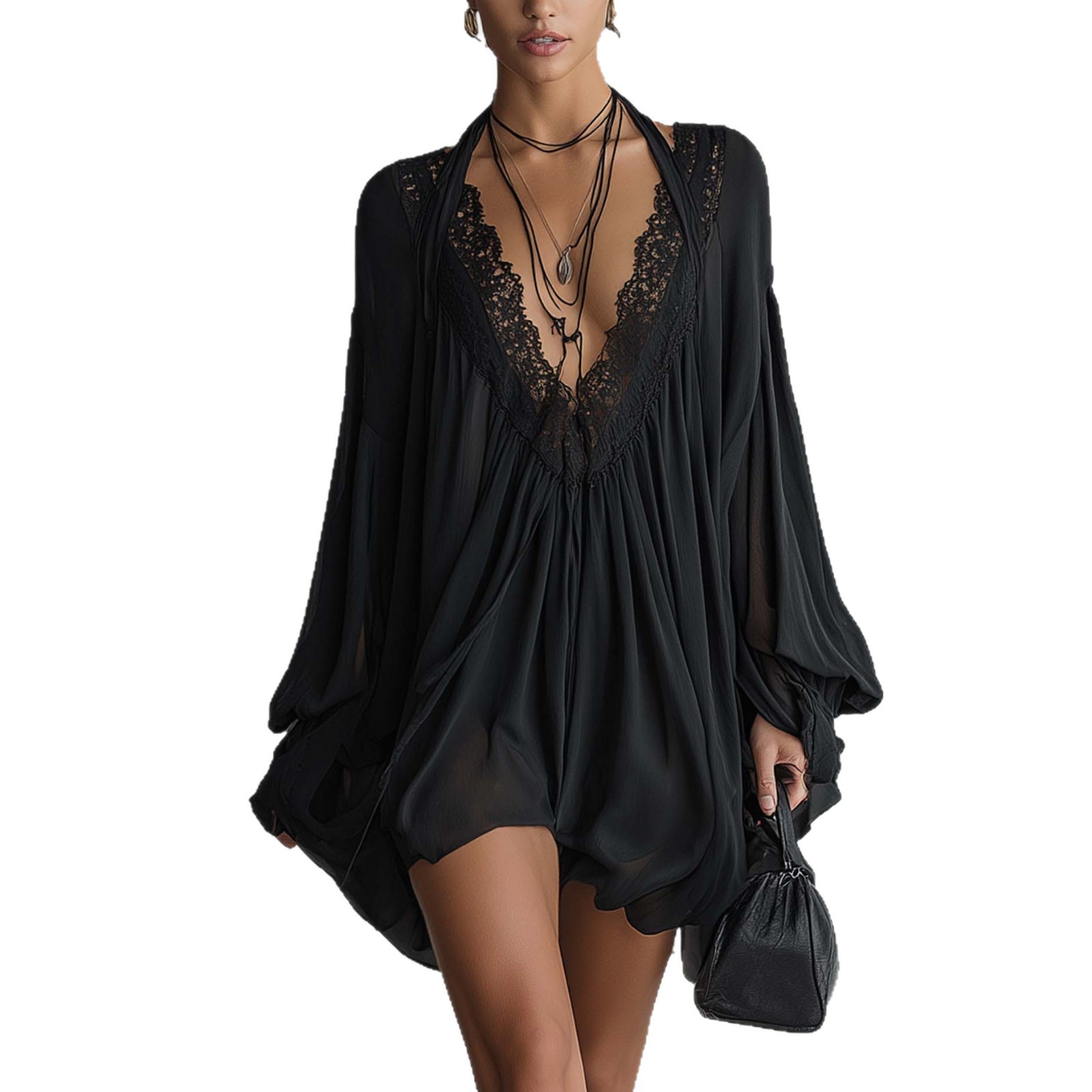 Black Sexy Lace-Panel V-Neck Halterneck Dress