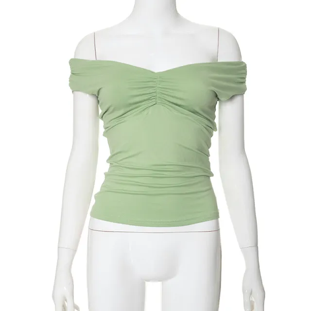 New Solid Color V neck Sleeveless Pleated Camisole T shirt Top Green - Shop at LoveMi