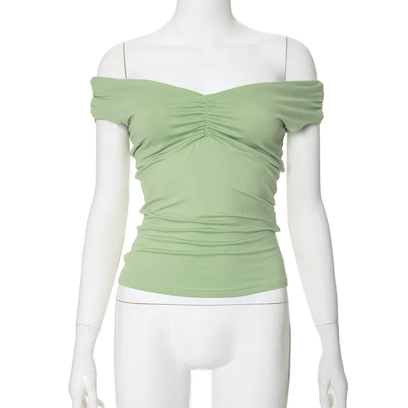 New Solid Color V-neck Sleeveless Pleated Camisole T-shirt Top - Green