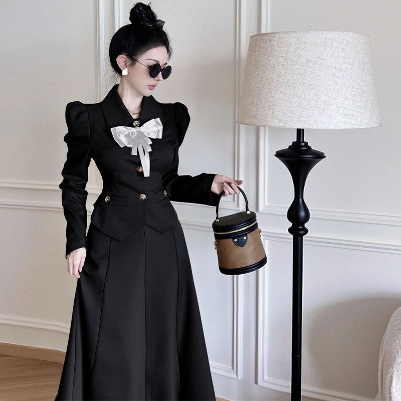 Chic Hepburn Style Dignified Sense Of Design Long Sleeve Black Suit Two-piece Suit