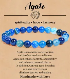 8mm Natural Stone Elastic Beaded Bracelet - Blue Line Agate - View 1