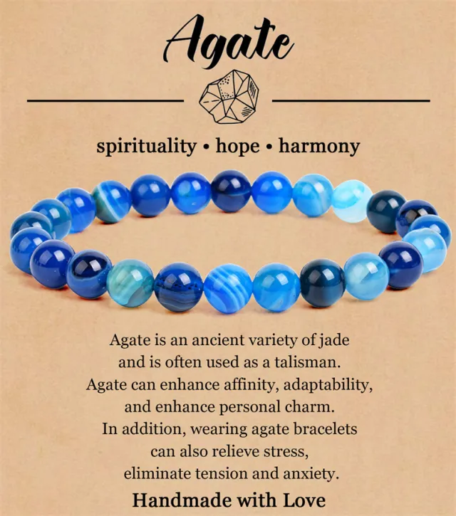 8mm Natural Stone Elastic Beaded Bracelet Blue Line Agate - Shop at LoveMi