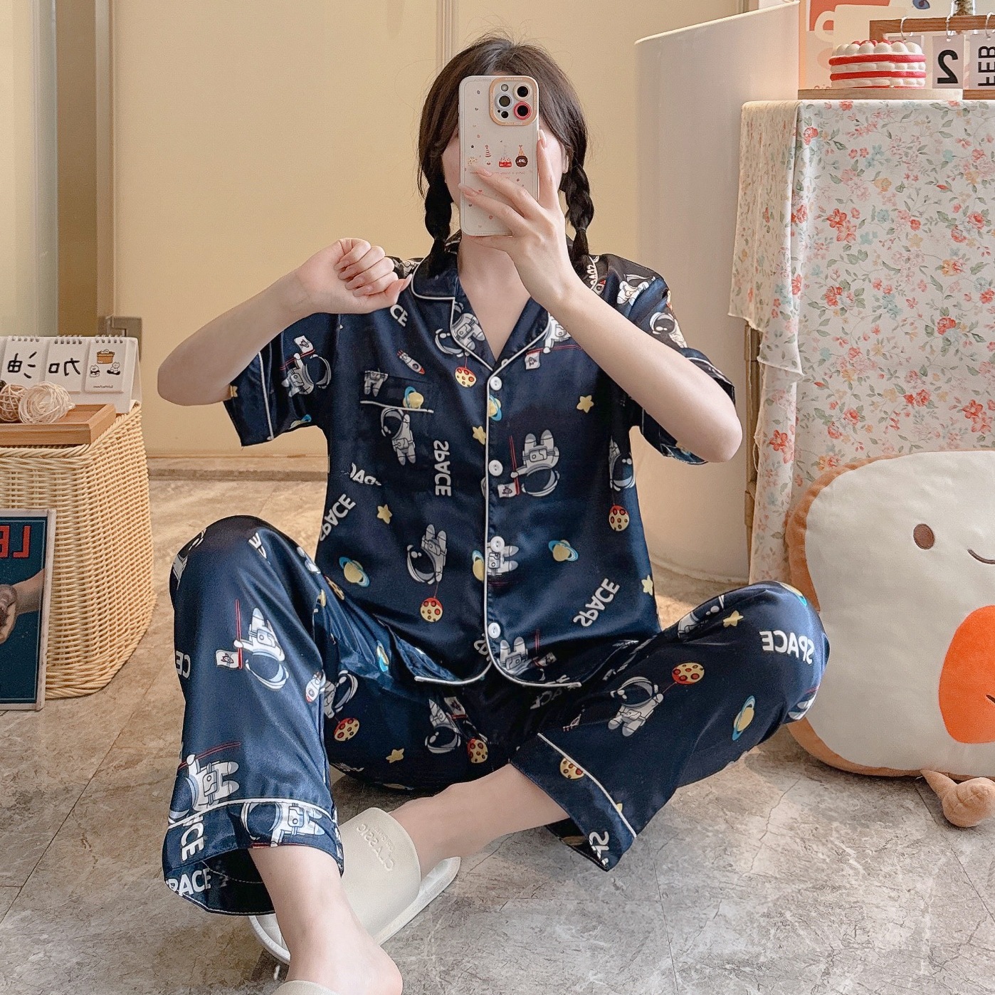 Summer Casual Short Sleeve Comfortable Lapel Ice Silk Home Wear Women 6 Style L - Shop at LoveMi