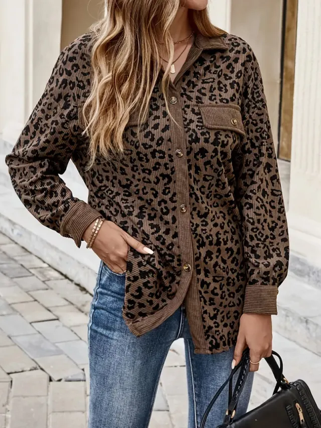 Fashion Leopard Print Corduroy Button Long Sleeve Coat Leopard - Shop at LoveMi