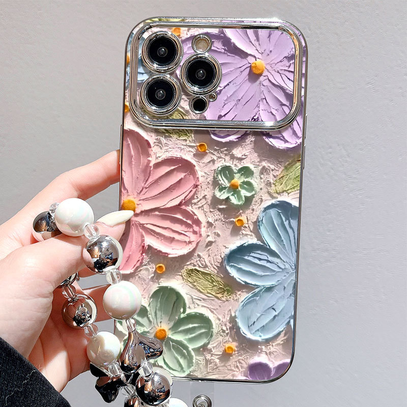 Large-screen-compatible Electroplated Flower Phone Case Protector With Oil Painting Design Drop-resistant