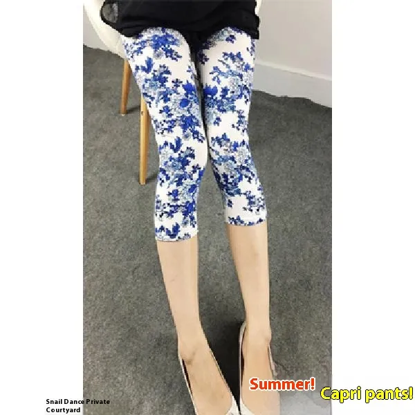 Summer Elastic Thin Slimming Cropped Pants Peony Blue And White - Shop at LoveMi