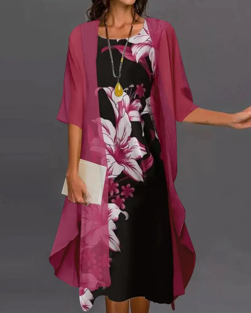 Two-piece Floral Print Mid-length Sleeves Long Dress - Red