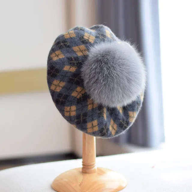 Women's Autumn And Winter Check Fur Ball Wool Beret Dark Gray - Shop at LoveMi
